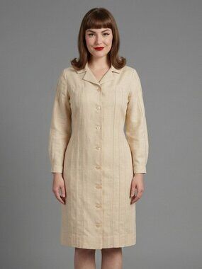 Vintage 60s Fred Rothschild Ivory Linen Dress Mod Bracelet Sleeve Button Front L